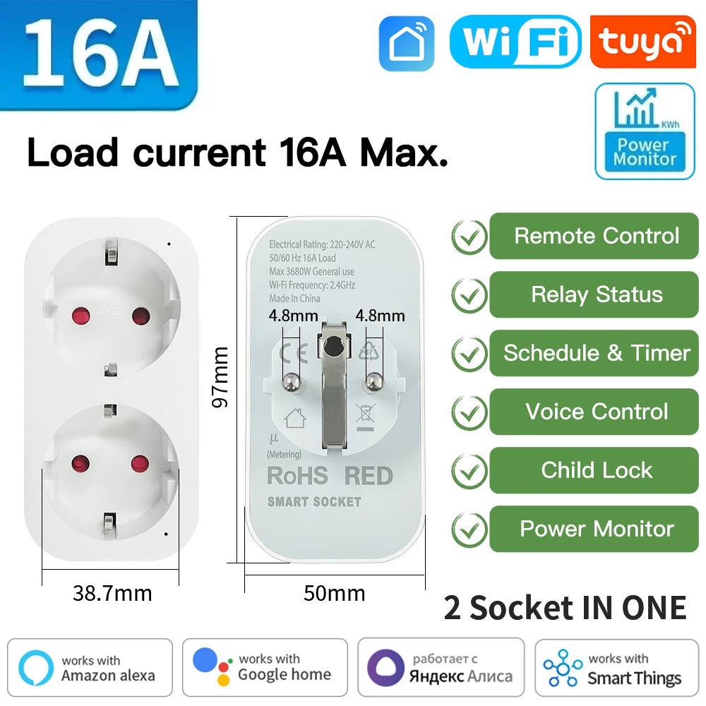 Plug wifi Smart Socket 16/20A Power (Voice Control Works With Alexa Google Home)